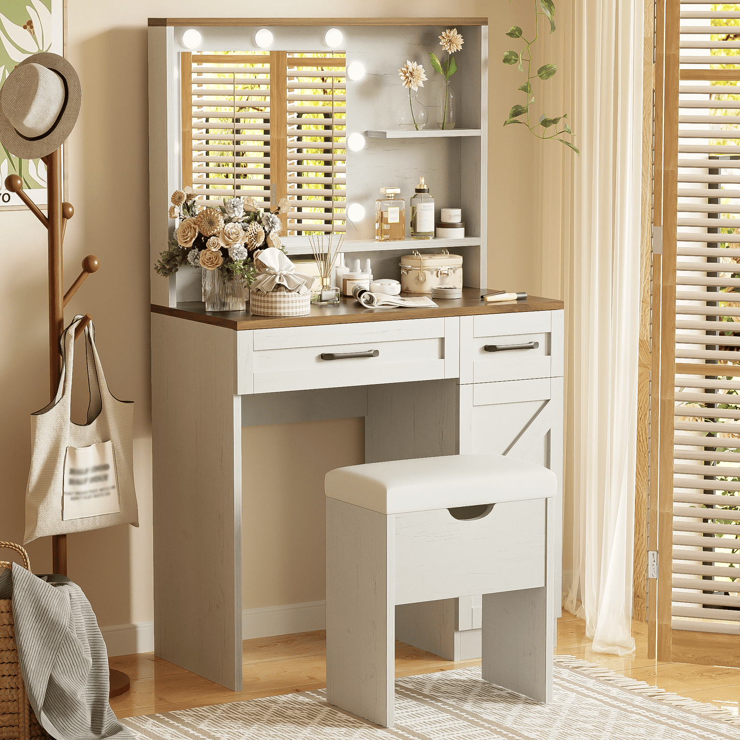 Mid-Century Vanity, Brown+White, 2 Drawers (view 2)