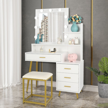 Wood & Metal Mid-Century Vanity with LED Mirror, White, 4 Drawers, with Storage (view 9)