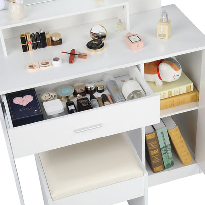 Wood & Metal Mid-Century Vanity with LED Mirror, White, 1 Drawer, with Storage (view 5)