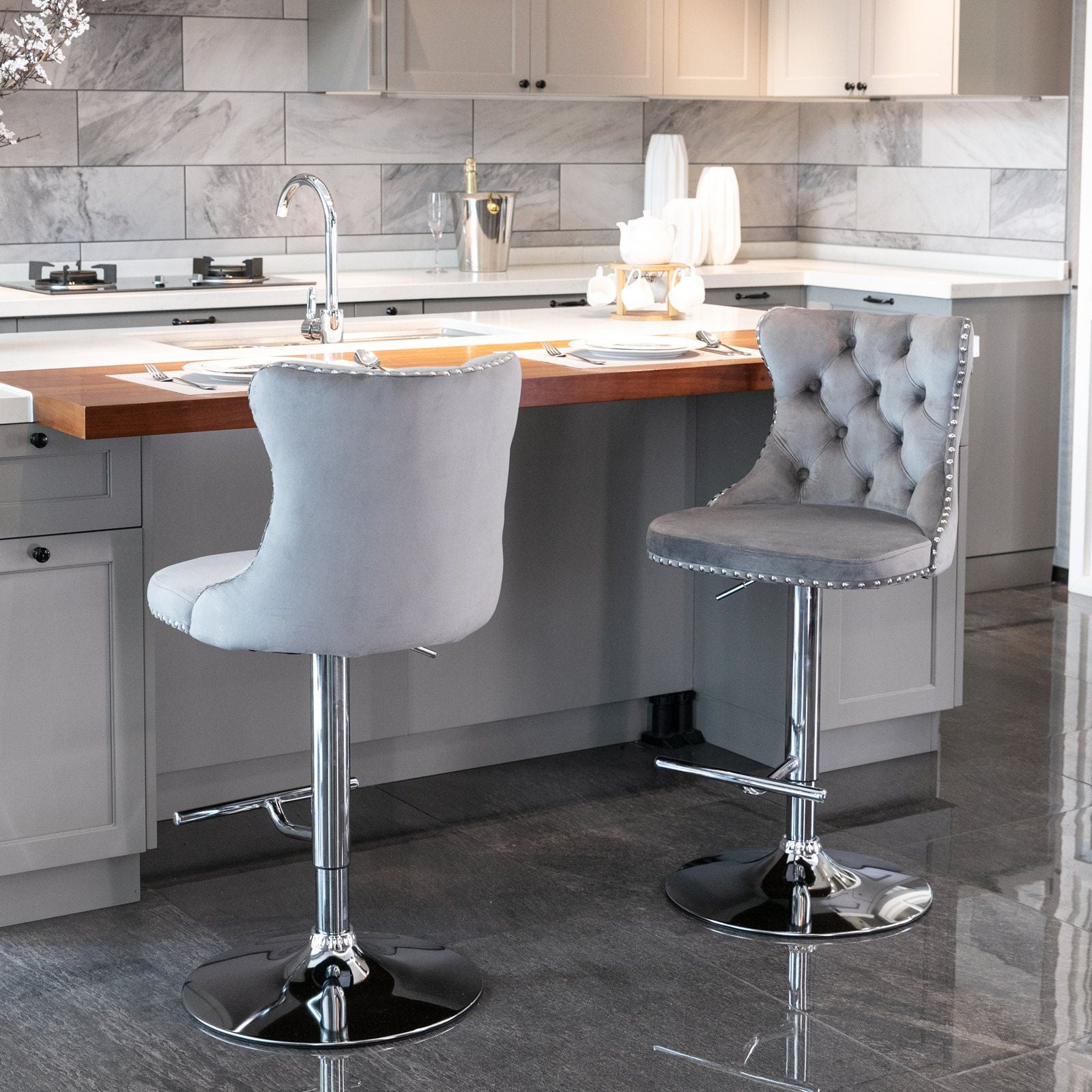 Gray Velvet Swivel Bar Stools, Chrome Base, Set of 2 - Gray (view 14)