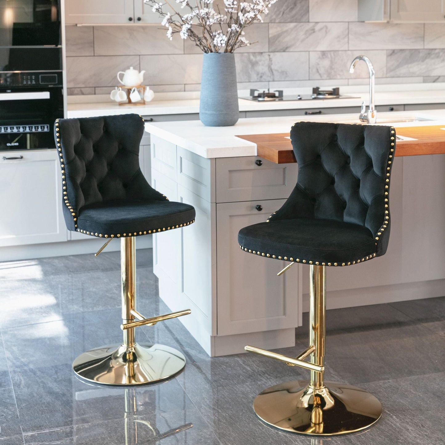 Gold Velvet Swivel Bar Stools, Tufted, Adjustable (view 17)