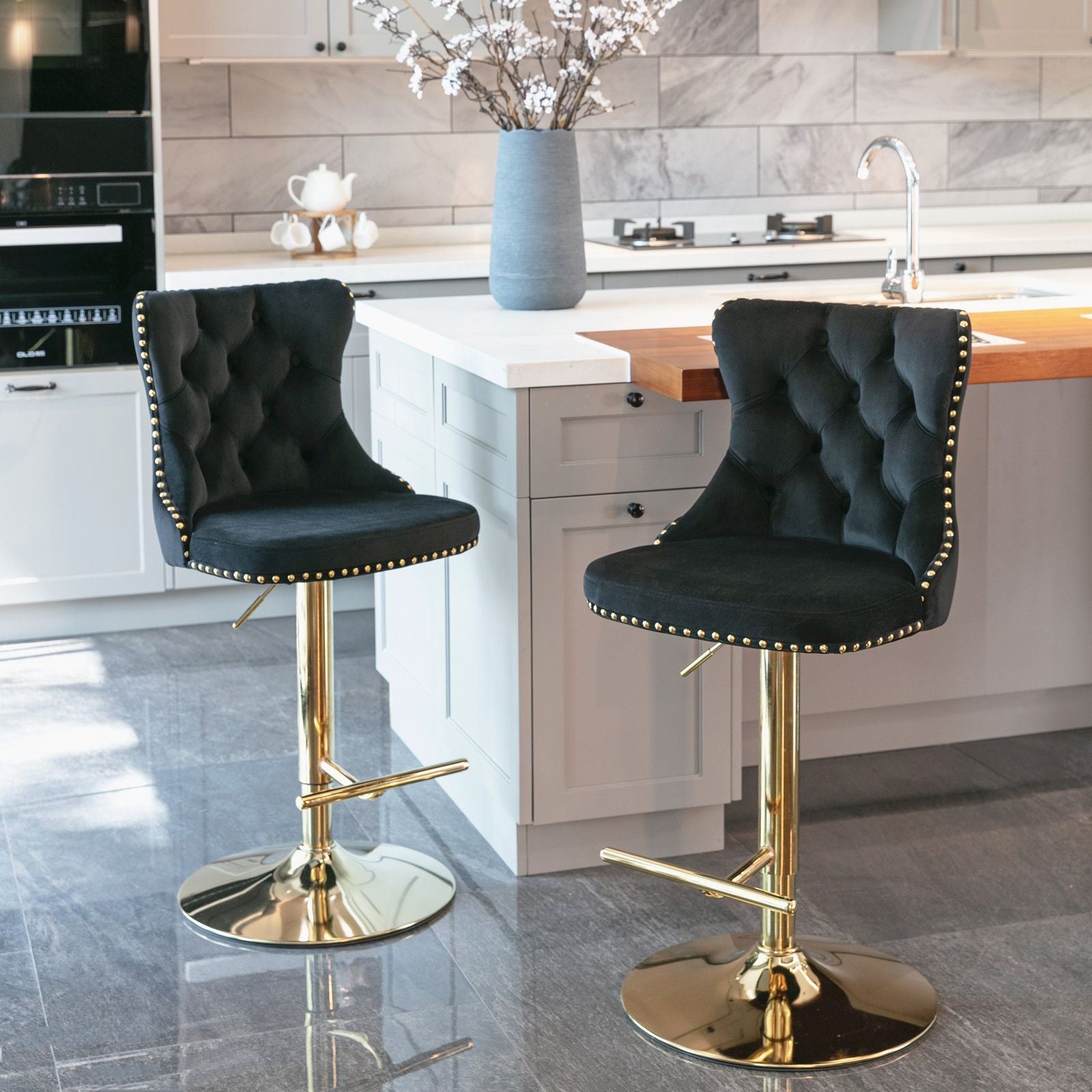 Gold Velvet Swivel Bar Stools, Tufted, Adjustable (view 17)