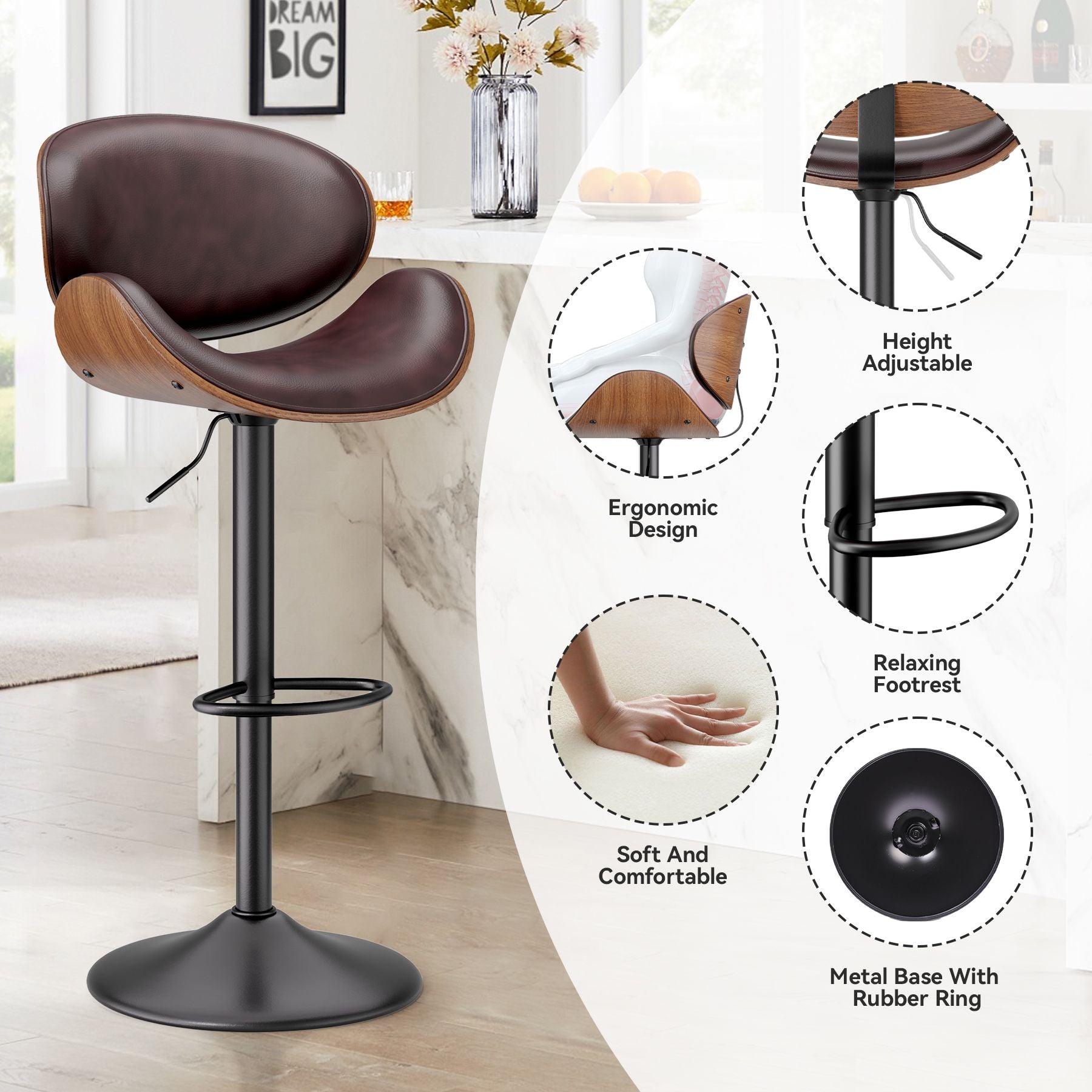 PU Leather Swivel Bar Stools, Set of 1, 18" Wide (view 59)