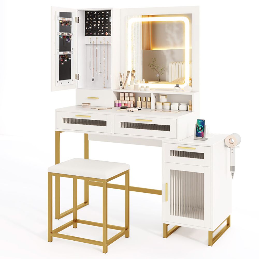Mid-Century Vanity with LED Mirror, White, 44" Wide (view 2)