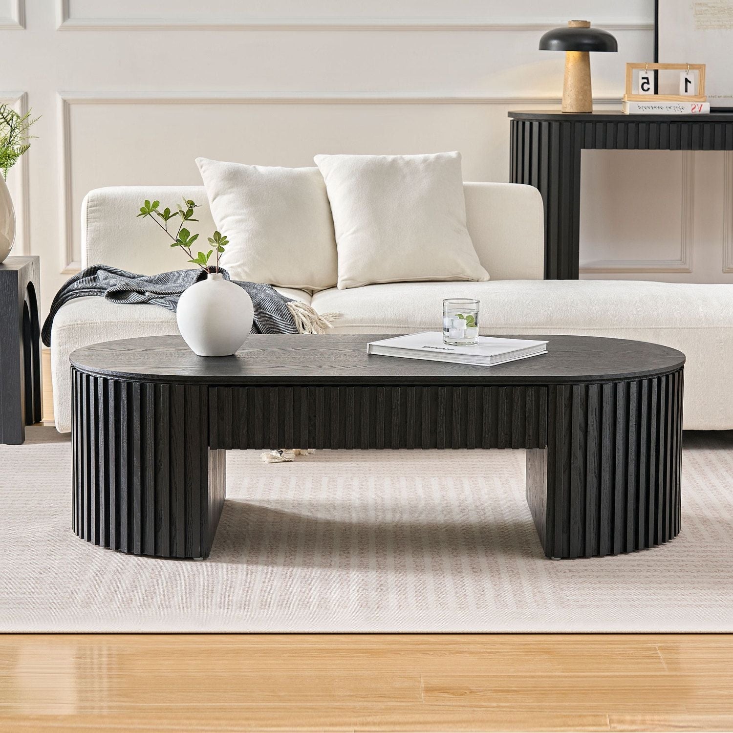 Wood Mid-Century Coffee Table, Black, Oval (view 2)