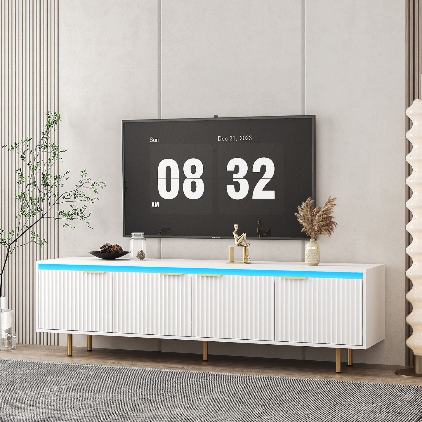 80" TV Mid-Century TV Stand, White, Fluted (view 12)