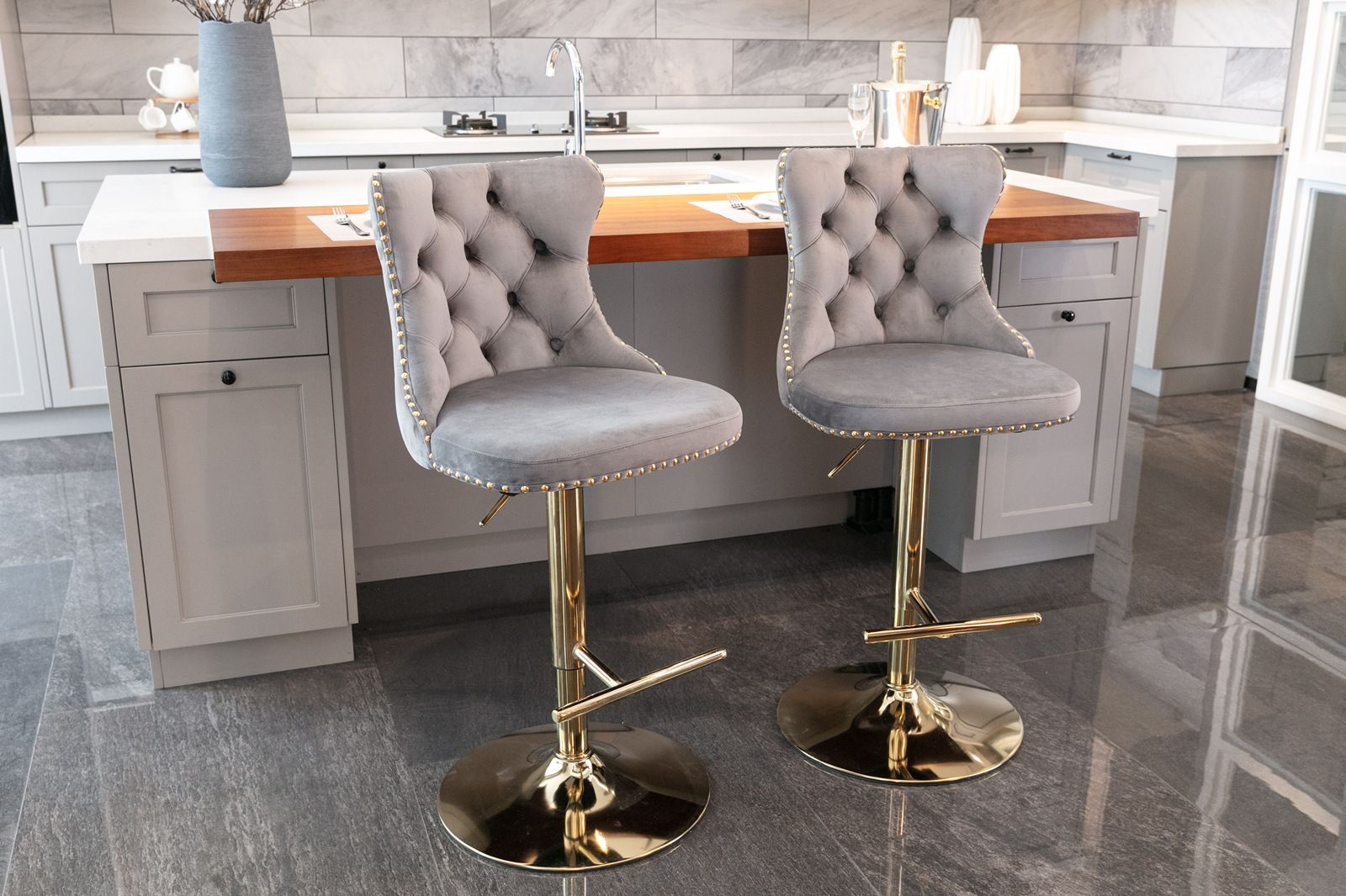 Gold Velvet Swivel Bar Stools, Tufted, Adjustable (view 44)