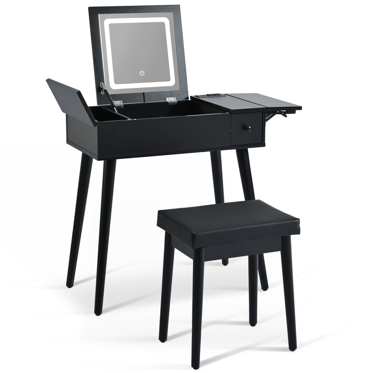 Mid-Century Vanity with LED Mirror, Black, 2 Drawers, Flip-Top (view 14)