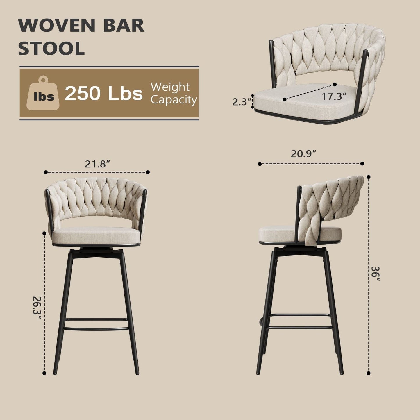 360-Degree Swivel Bar Chairs, Cushioned, Metal Legs, Set of 2 (view 5)
