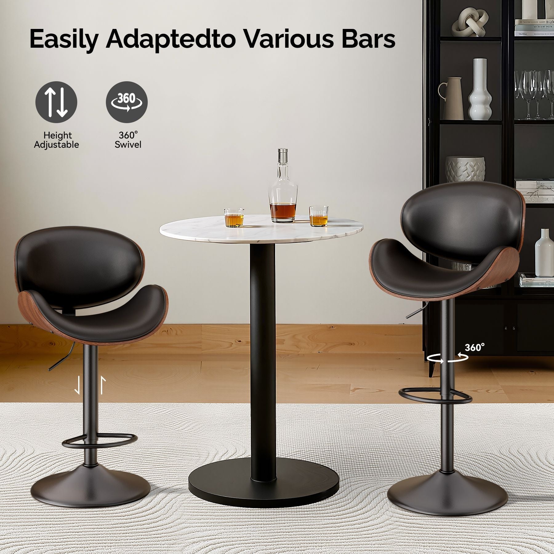 PU Leather Swivel Bar Stools, Set of 1, Black (view 6)