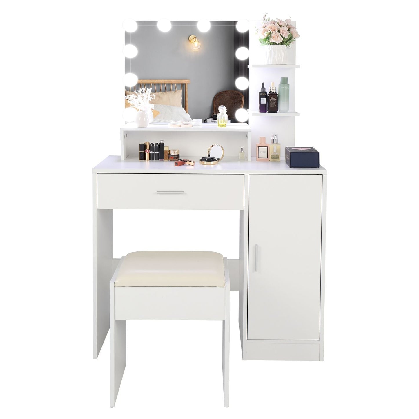 Wood & Metal Mid-Century Vanity with LED Mirror, White, 1 Drawer, 36" Wide (view 6)