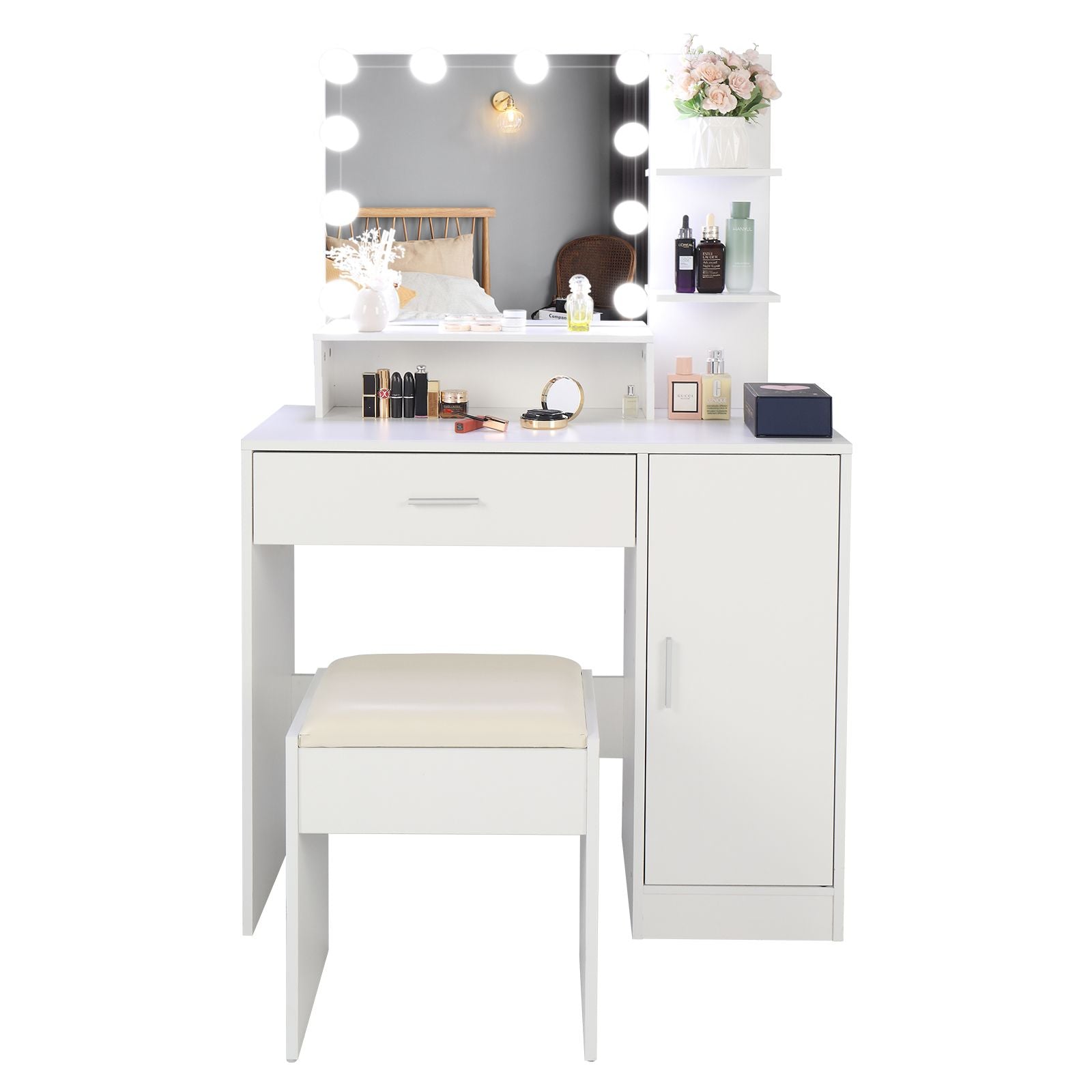 Wood & Metal Mid-Century Vanity with LED Mirror, White, 1 Drawer, 36" Wide (view 6)