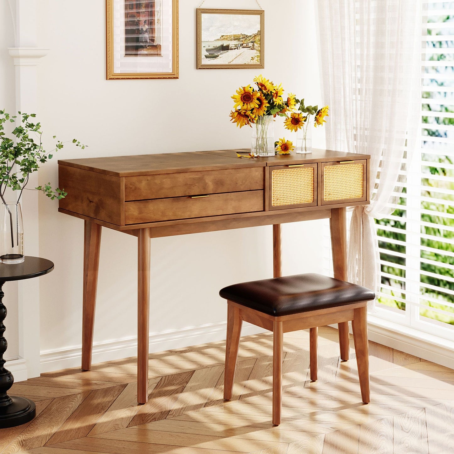 Solid Wood Mid-Century Vanity, Red