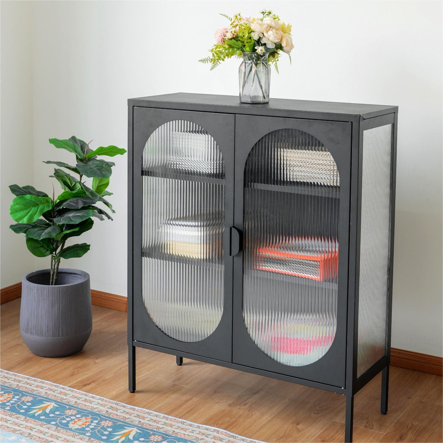 Chic Metal & Ribbed Glass Storage Cabinet with Arched Doors (view 7)