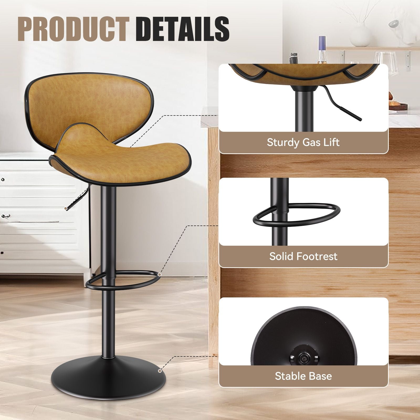 Faux Leather Swivel Bar Stools, Set of 2, Yellow (view 4)
