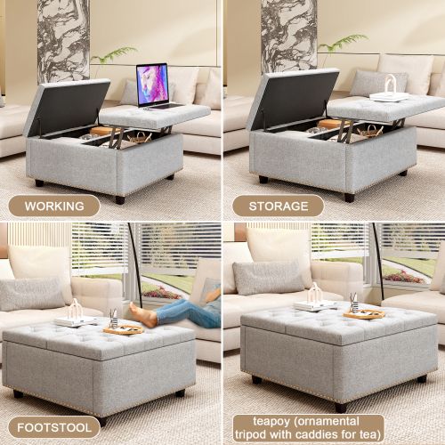 Large square storage bench, footstool with two storage doors, mid-century modern coffee table for living room, nailhead inlay, light grey