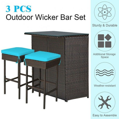 3 Pieces Patio Rattan Wicker Bar Table Stools Dining Set (view 32)