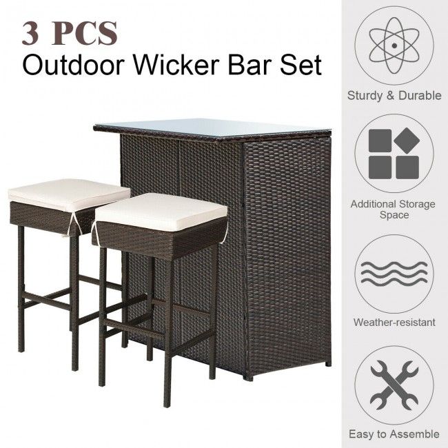 3 Pieces Patio Rattan Wicker Bar Table Stools Dining Set (view 9)