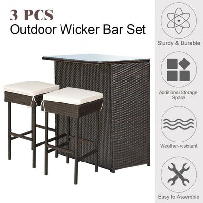 3 Pieces Patio Rattan Wicker Bar Table Stools Dining Set (view 9)
