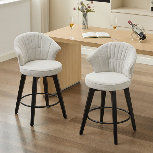 Chenille Swivel Bar Chairs – White, Wide Back, Set of 2