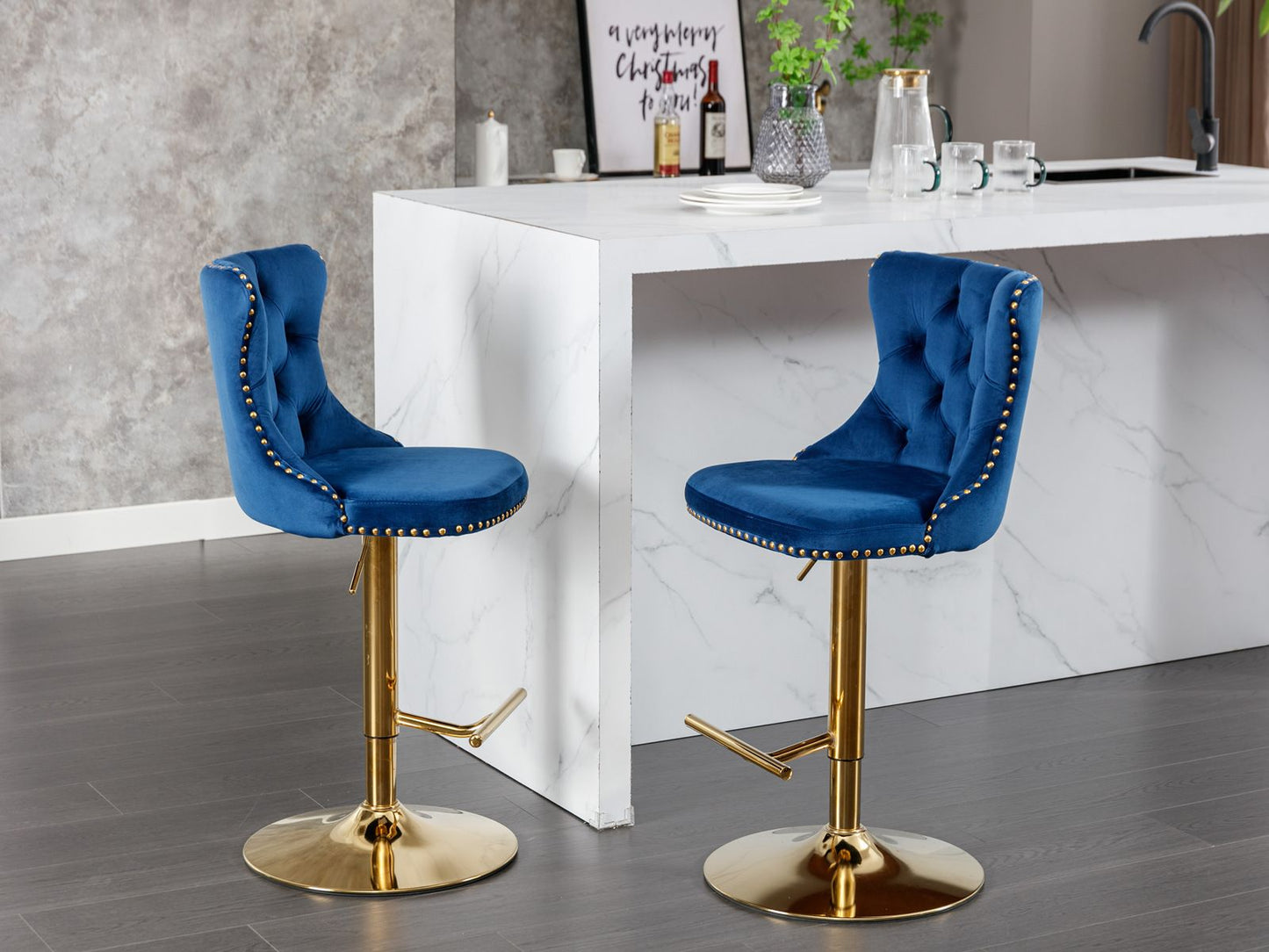 Set of 2 Blue Velvet Swivel Bar Stools, Gold Base (view 16)