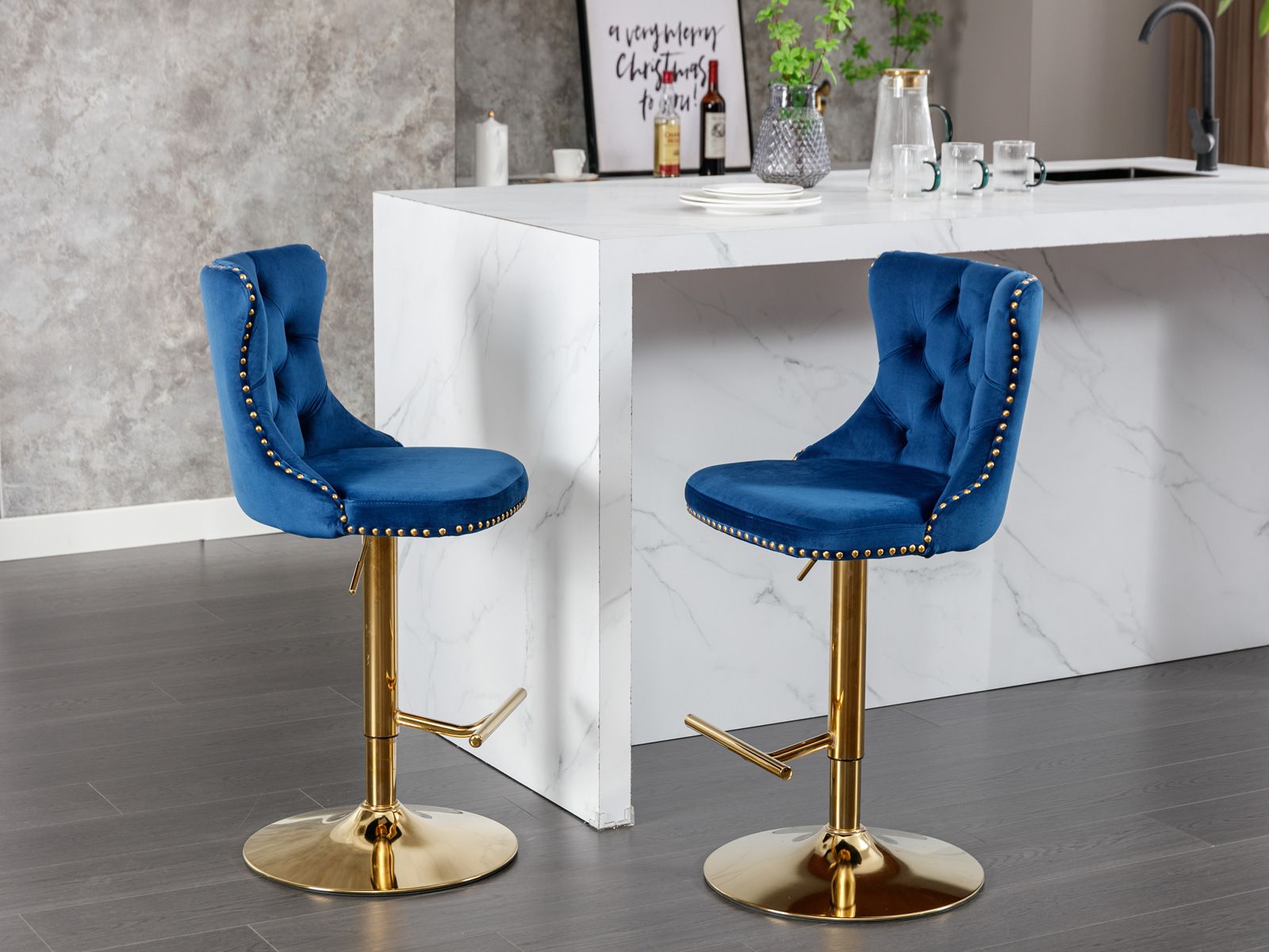 Set of 2 Blue Velvet Swivel Bar Stools, Gold Base (view 16)