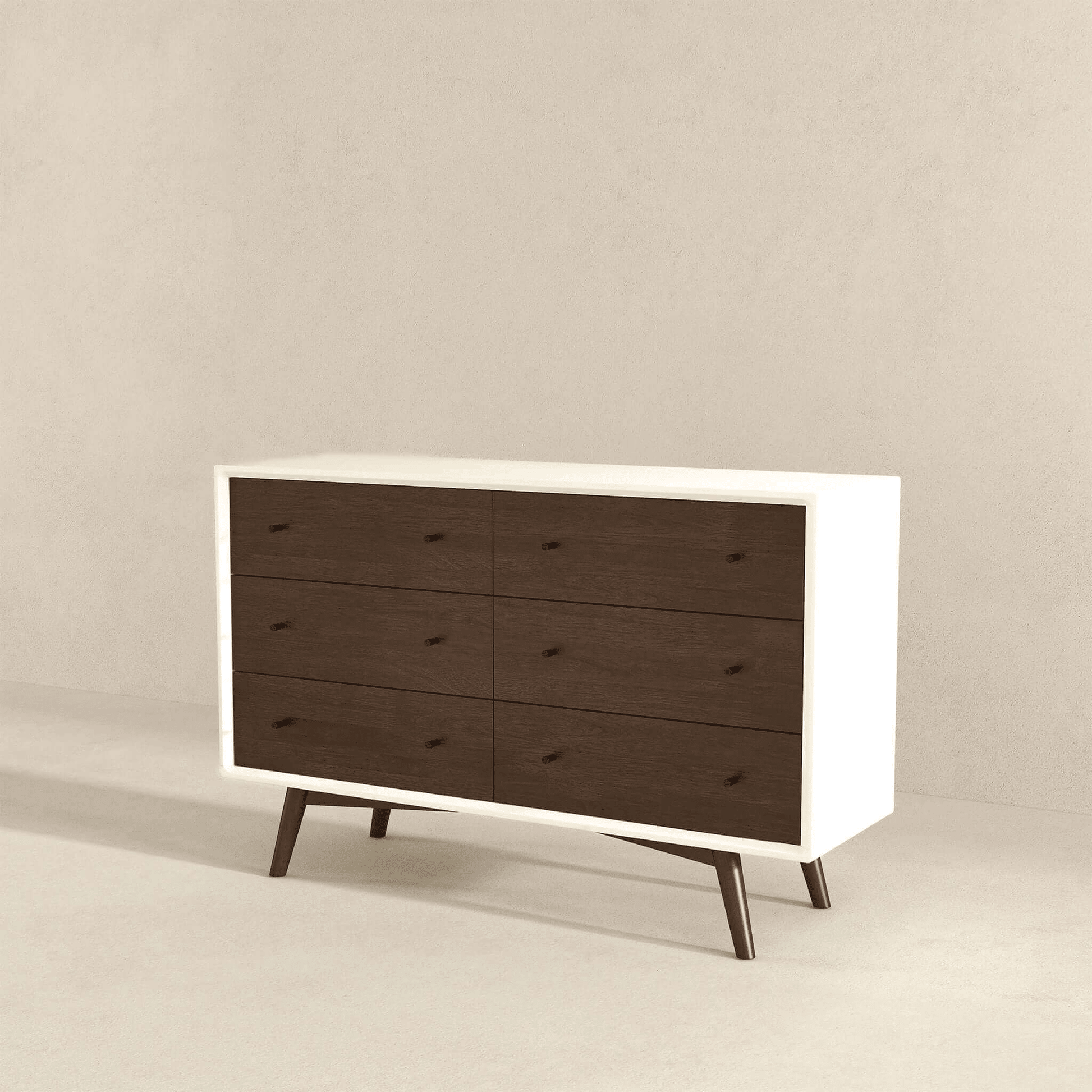 White Mid-Century Dresser, 6 Drawers, Clean Finish
