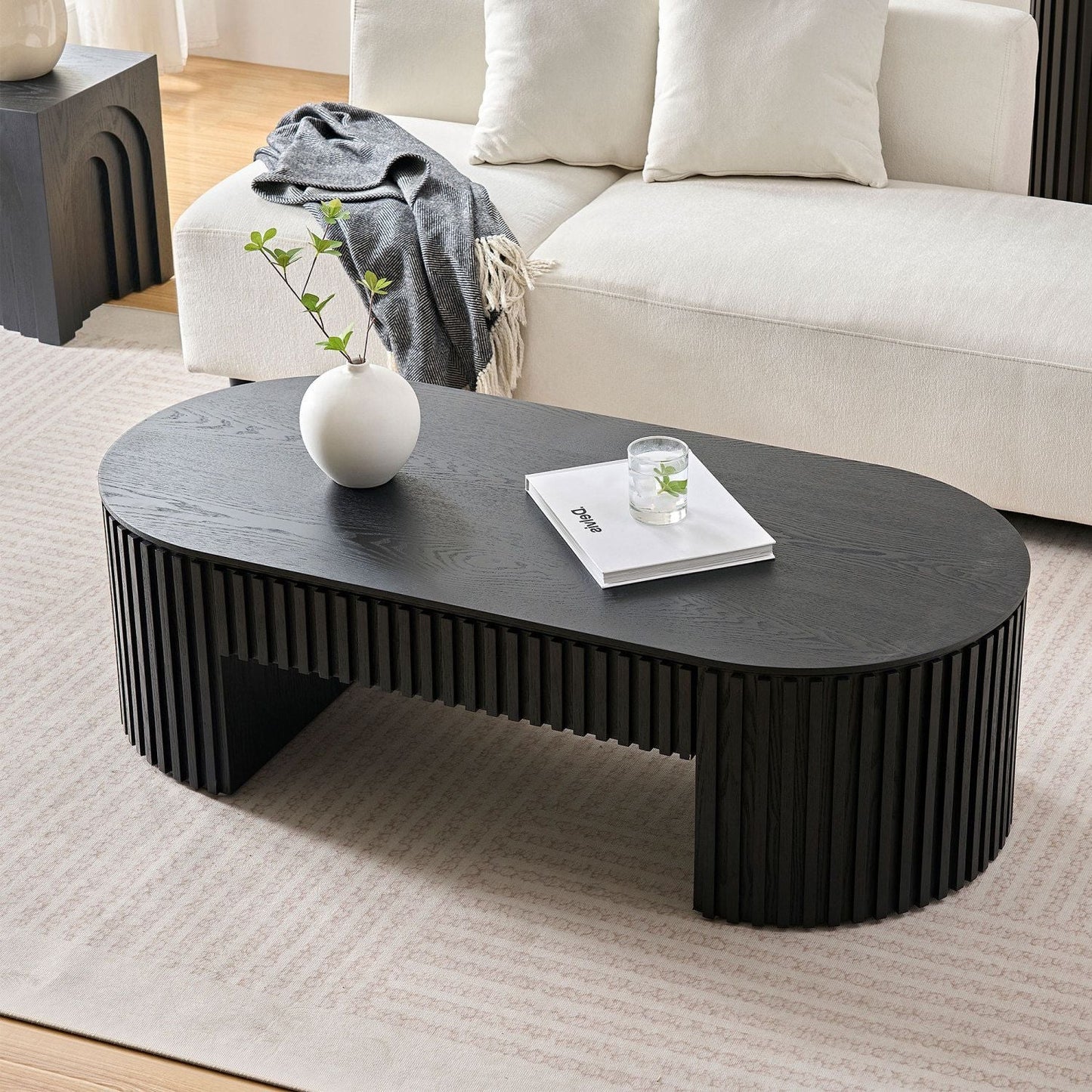 Wood Mid-Century Coffee Table, White, Oval (view 3)