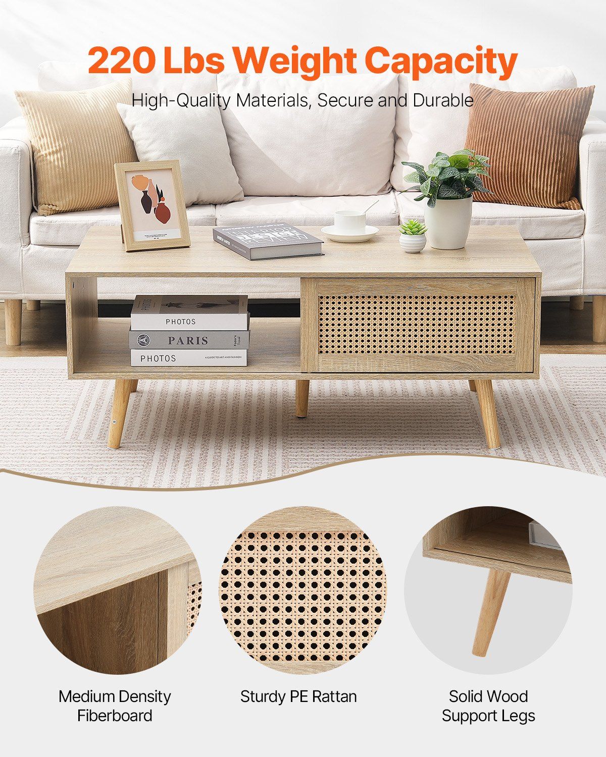 Rattan Mid-Century Coffee Table, Burlywood, with Storage (view 3)