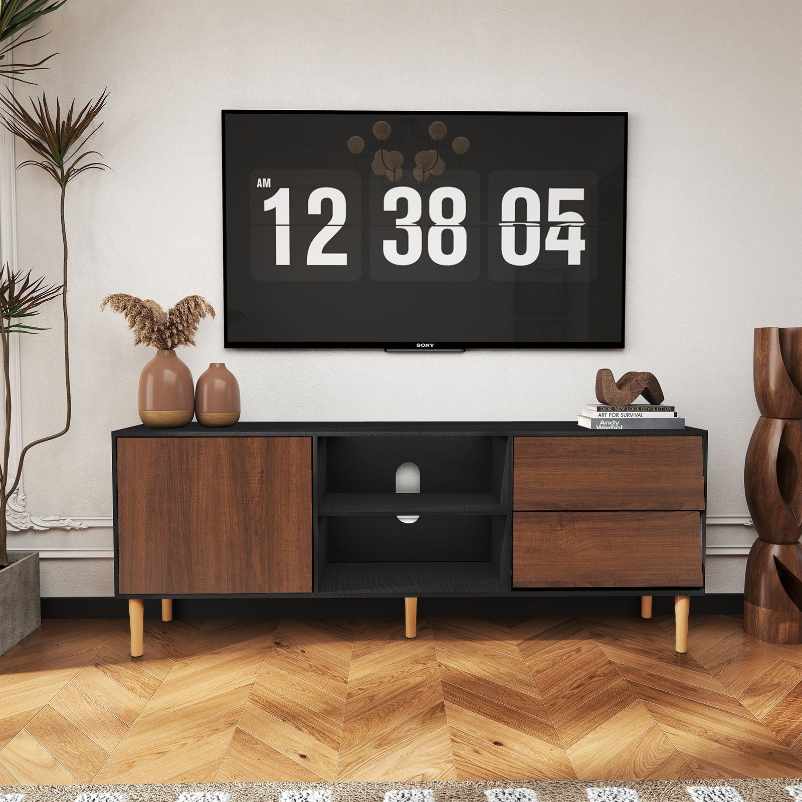 TV Stand up to 70+ inch, Mid Century Modern Television Stands with 2 Drawers, Entertainment Center with Storage Cabinet, Wood Media Console for Living Room, Brown