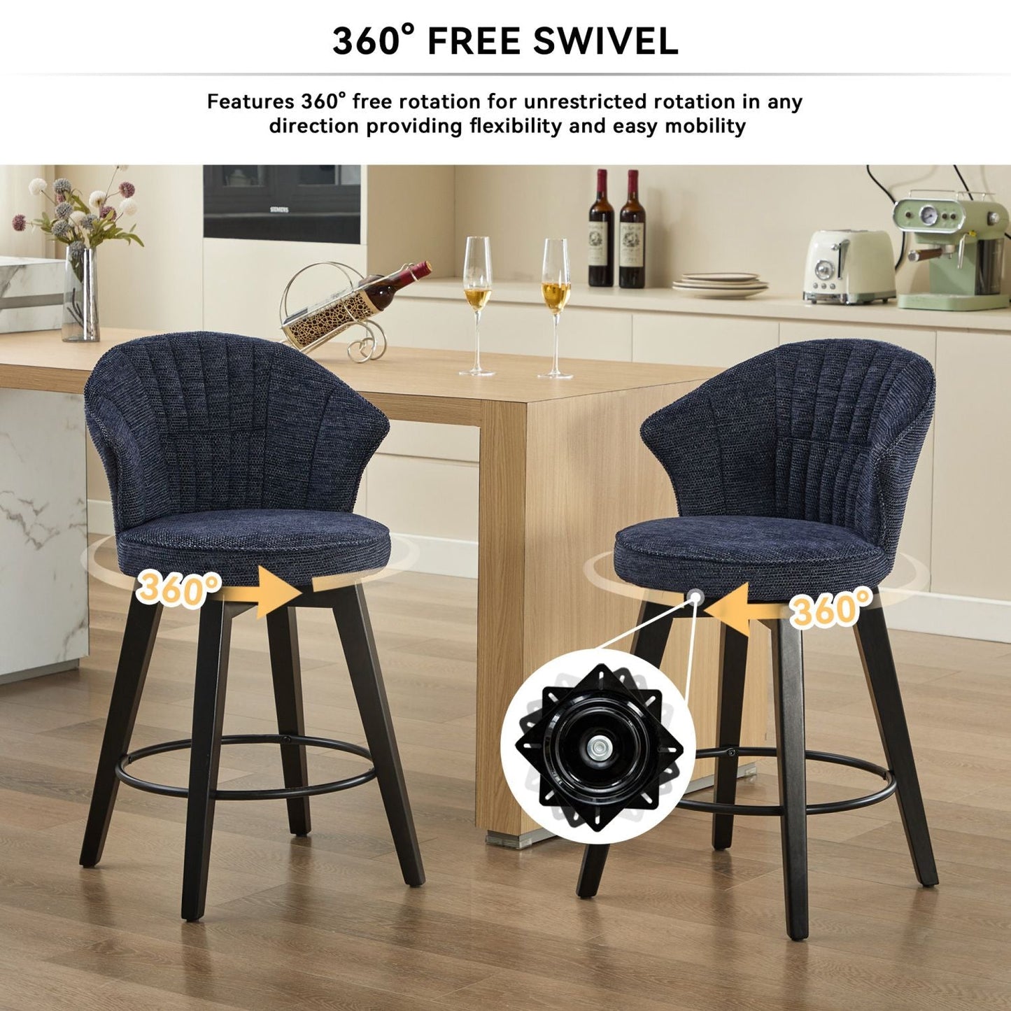Chenille Swivel Bar Stools, Blue, Wide Backrest (view 5)
