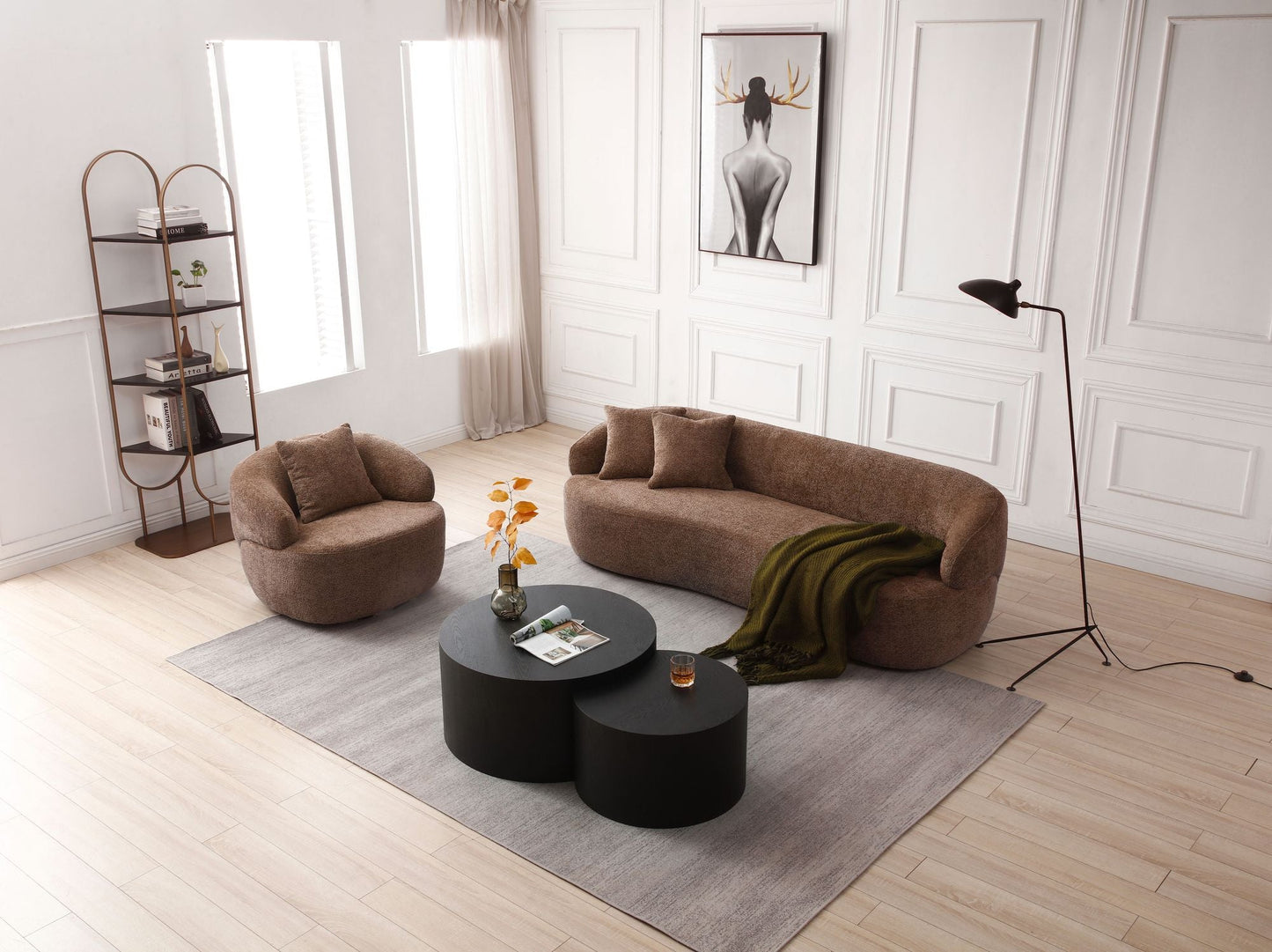 360° Swivel Boucle Sofa, 1 Seat, Mid-Century Brown (view 8)