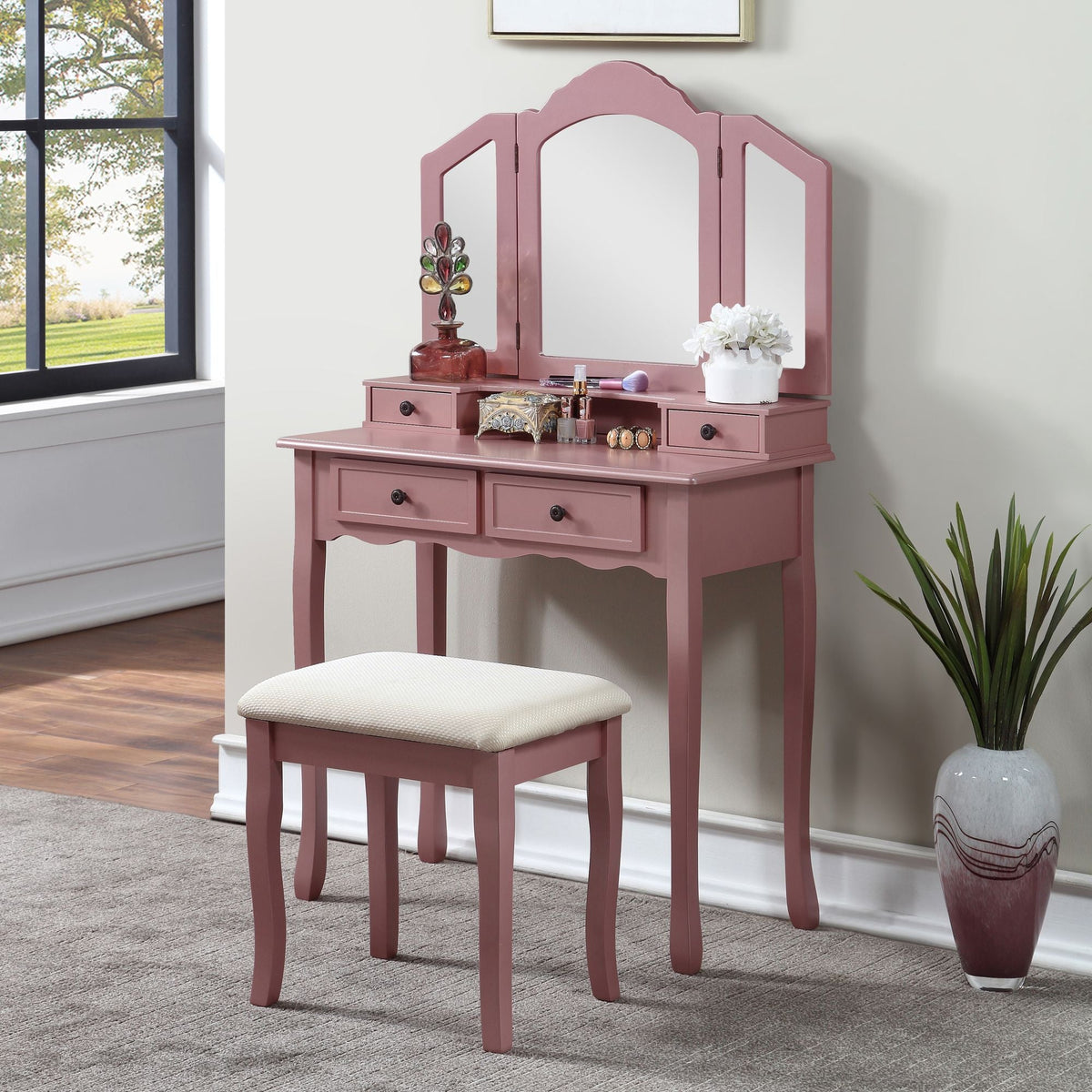 Sanlo Wooden Vanity Make Up Table and Stool Set, Rose Gold — main product image