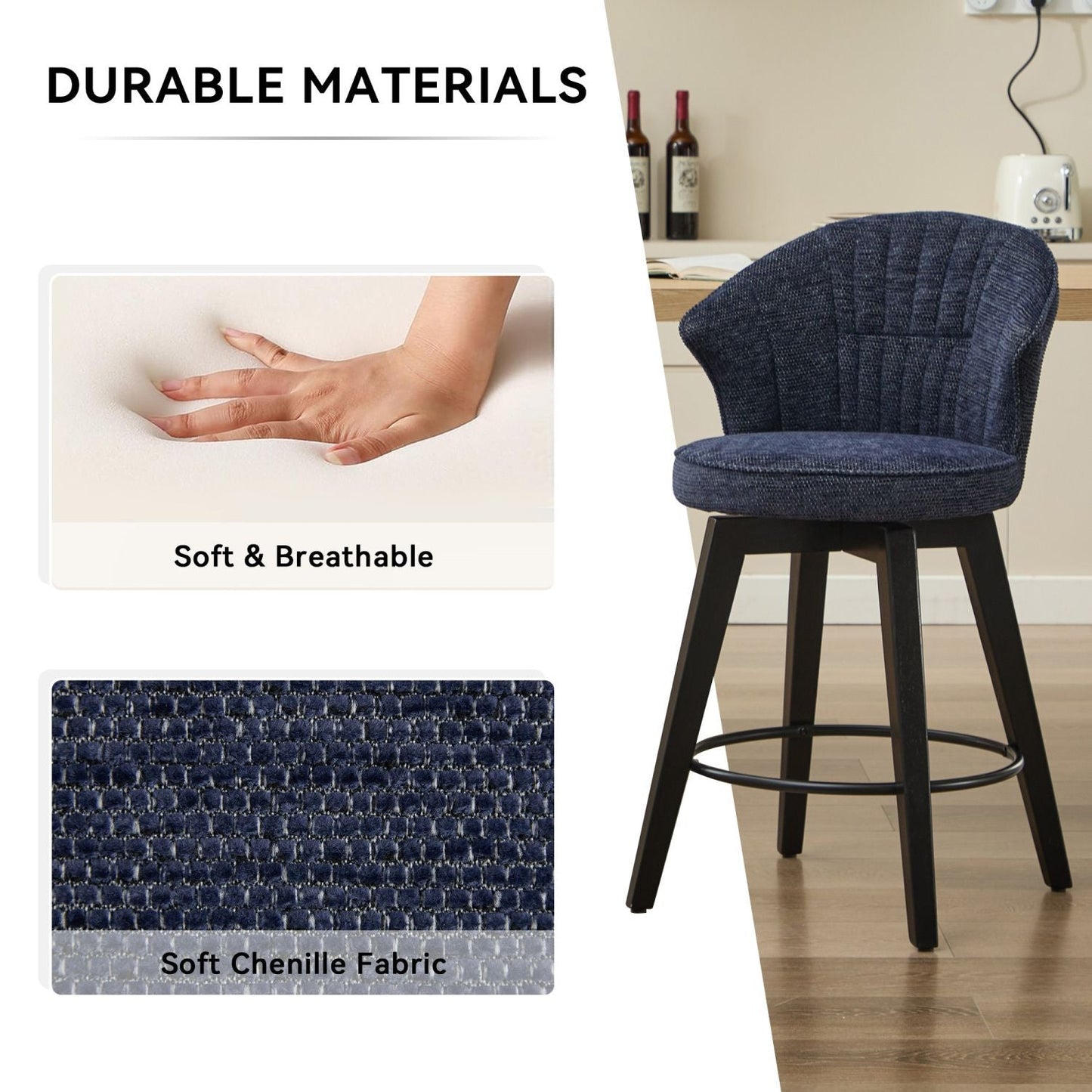 Chenille Swivel Bar Stools, Blue, Wide Backrest (view 6)