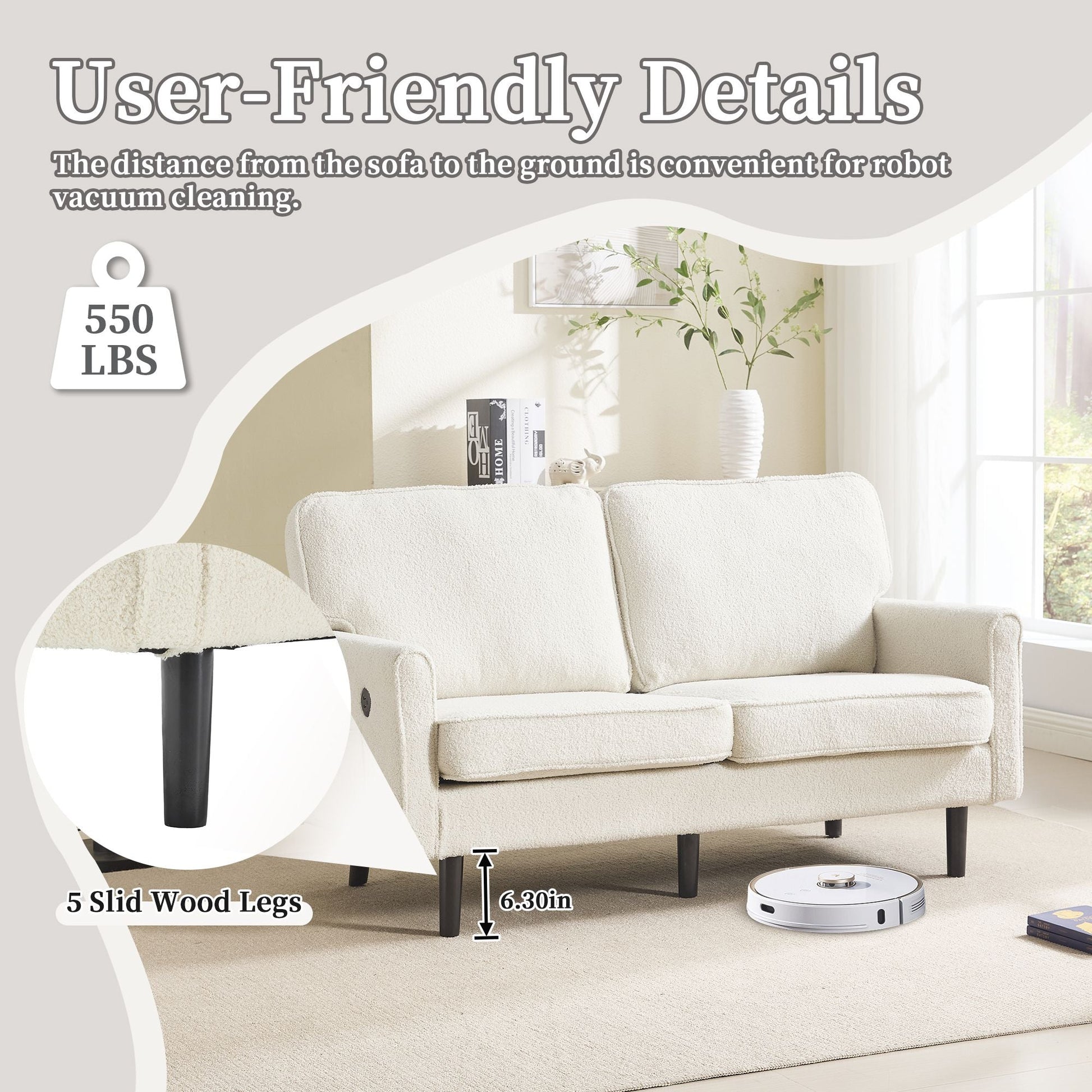 Solid Wood 3-Seat Mid-Century Sofa, Beige, Compact (view 6)
