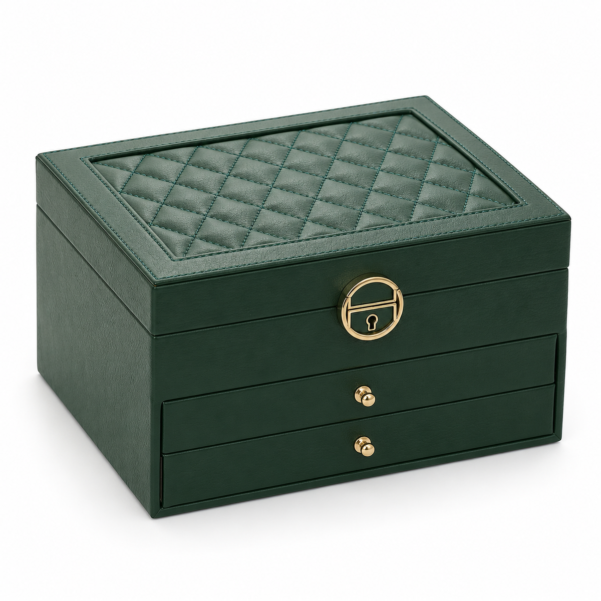Joyero verde oscuro cerrado con tapa acolchada y dos cajones sobre fondo blanco