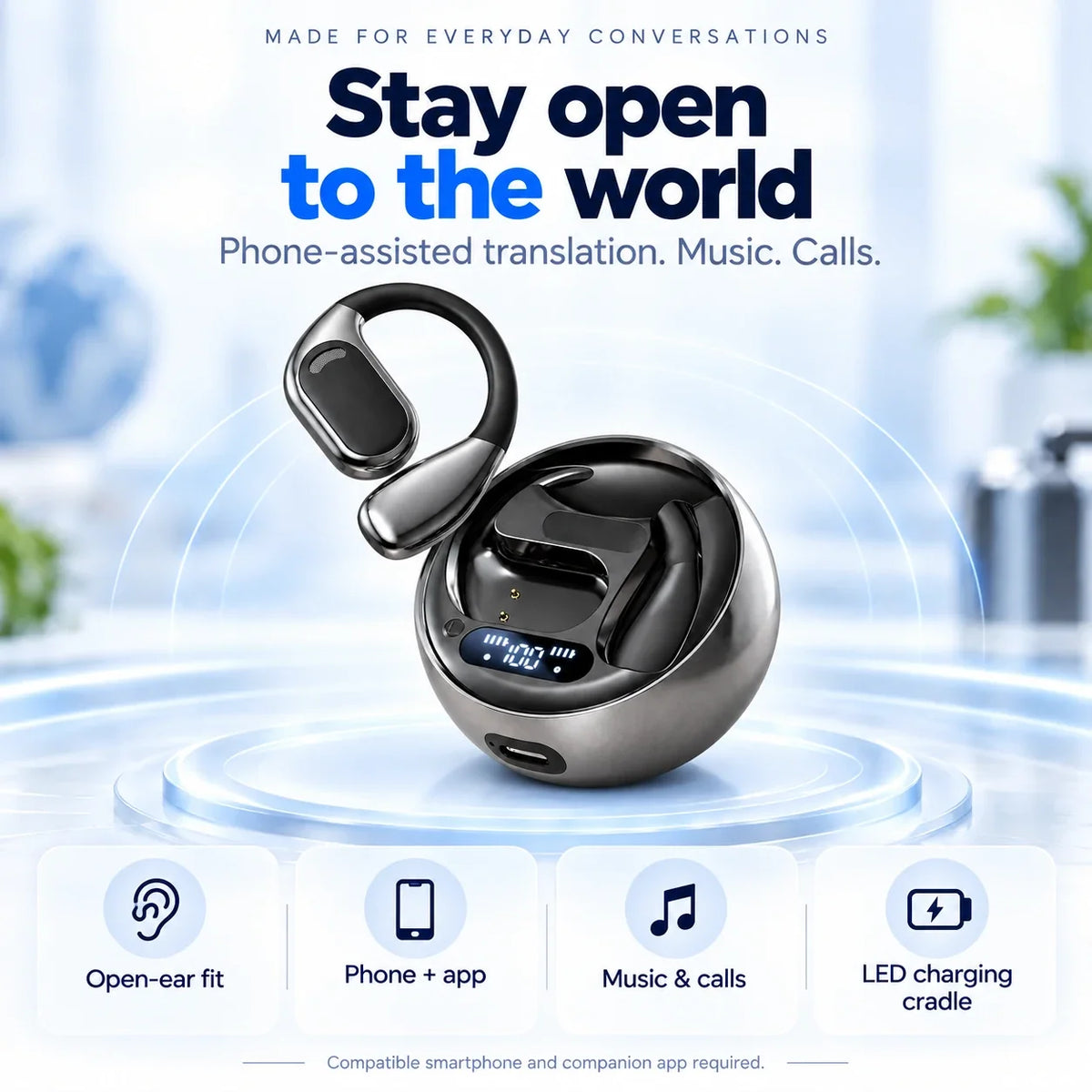 M76 open-ear fit, phone-assisted translation, music, calls and LED charging cradle