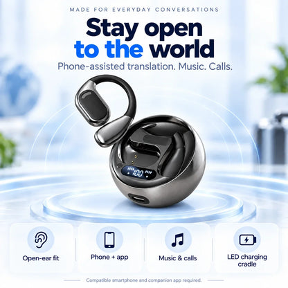 M76 open-ear fit, phone-assisted translation, music, calls and LED charging cradle