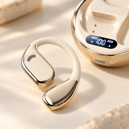 Close-up of the flexible ivory M76 ear hook and polished gold trim