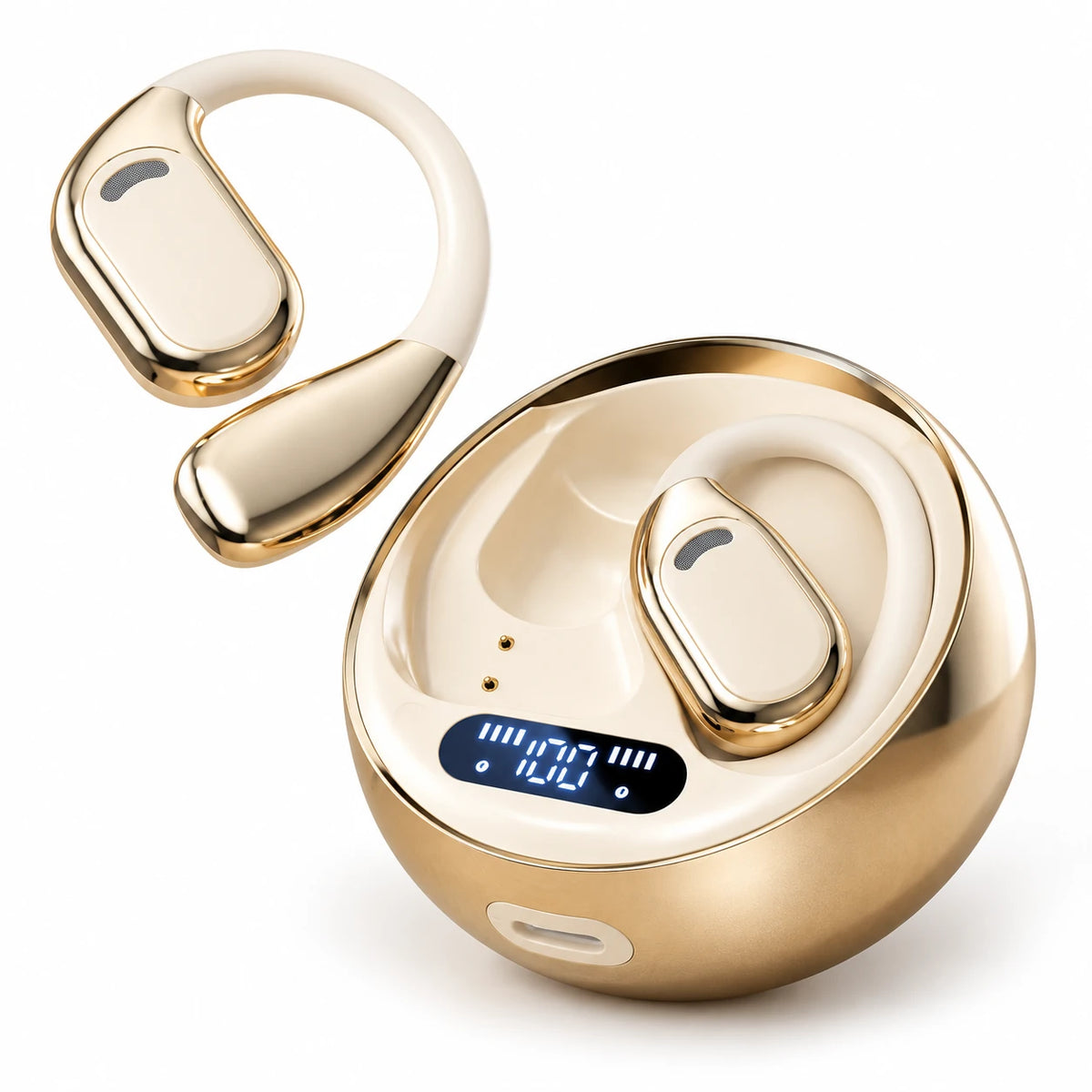 Ivory / Champagne M76 earbuds and round LED charging cradle