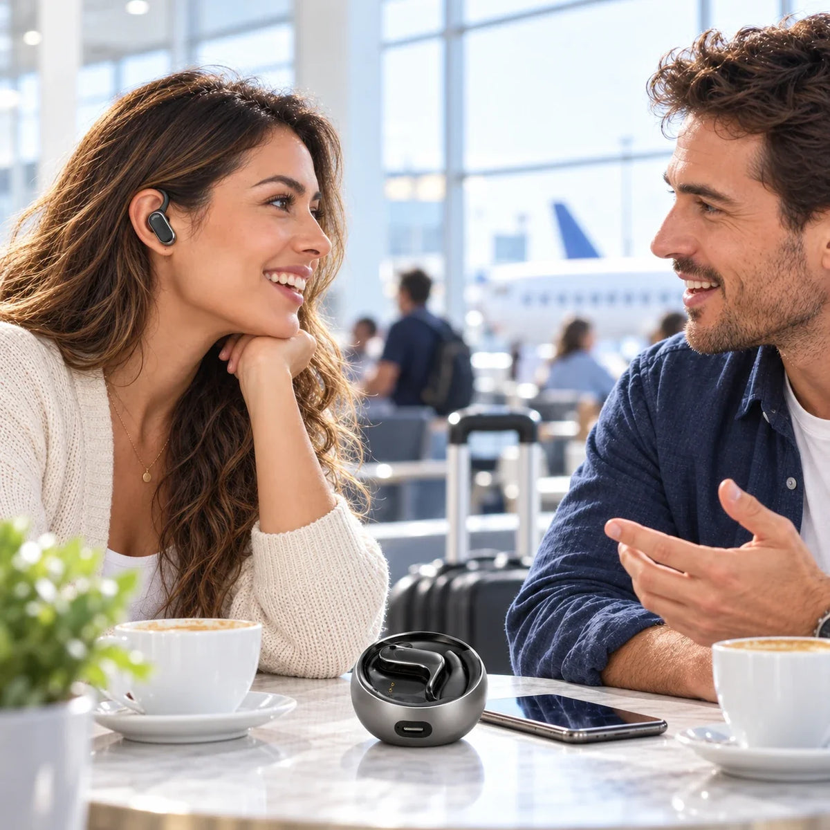 Woman using black M76 earbuds at an airport cafe