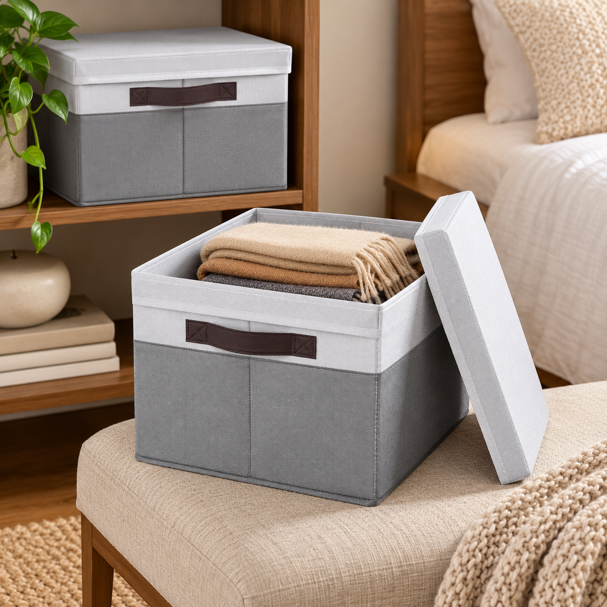 Lidded Storage Bins · Set of 4 — story action; illustrative room styling, props not included