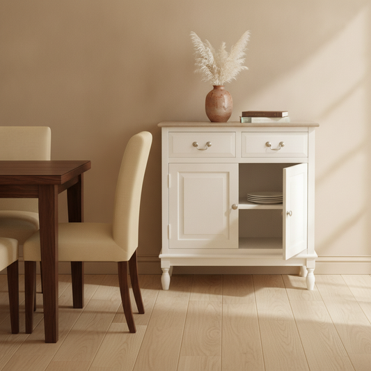 Two-Drawer Sideboard in a styled room; decor not included