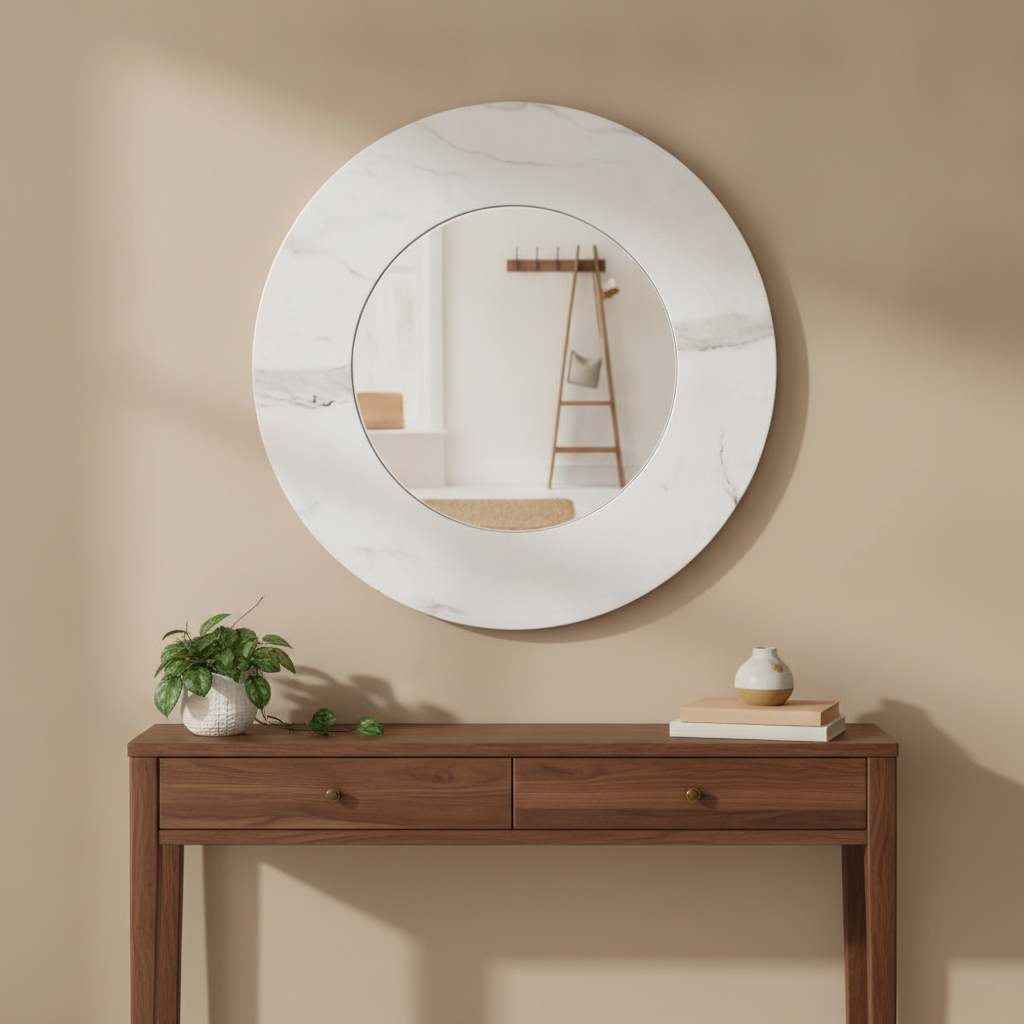 Round Wall Mirror in a styled room; decor not included