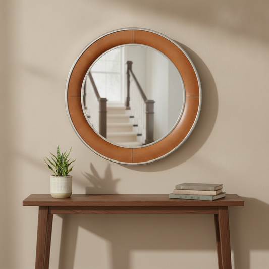 Tan Leather Wall Mirror in a styled room; decor not included