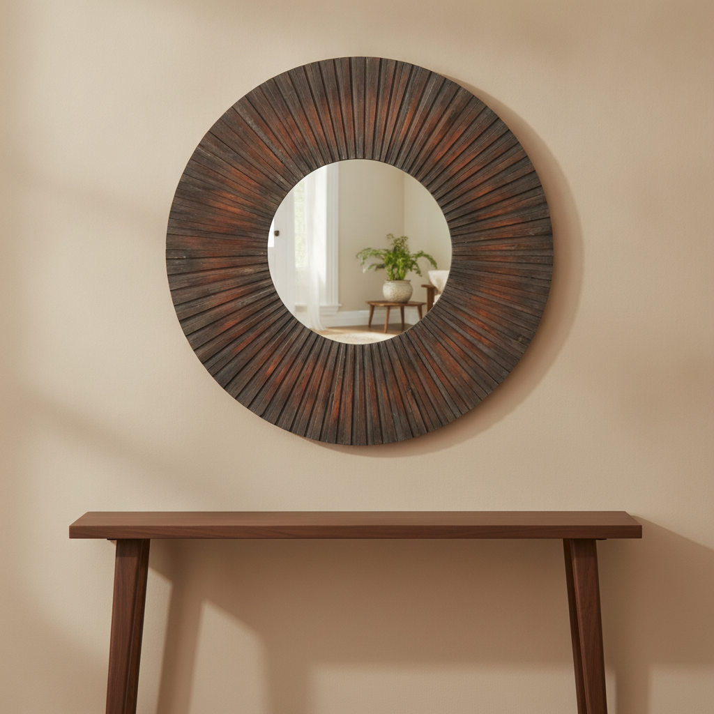 Antique Wood Wall Mirror in a styled room; decor not included