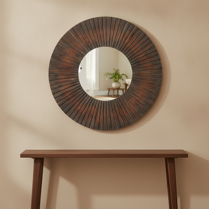 Antique Wood Wall Mirror in a styled room; decor not included