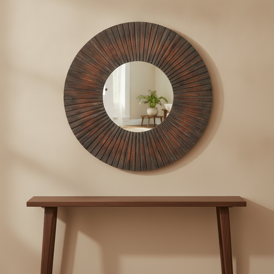Antique Wood Wall Mirror in a styled room; decor not included