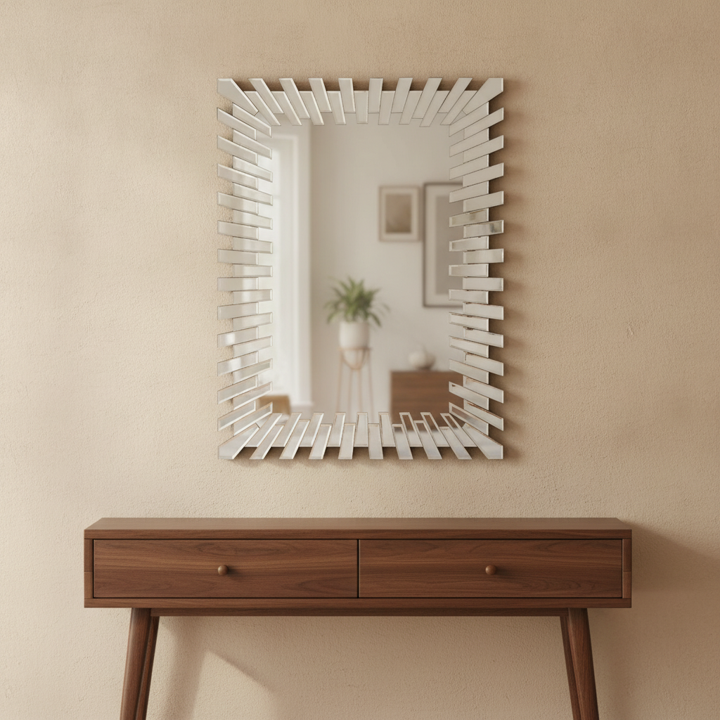 Sunburst Wall Mirror in a styled room; decor not included
