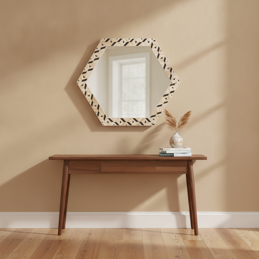 Hexagonal Wall Mirror in a styled room; decor not included